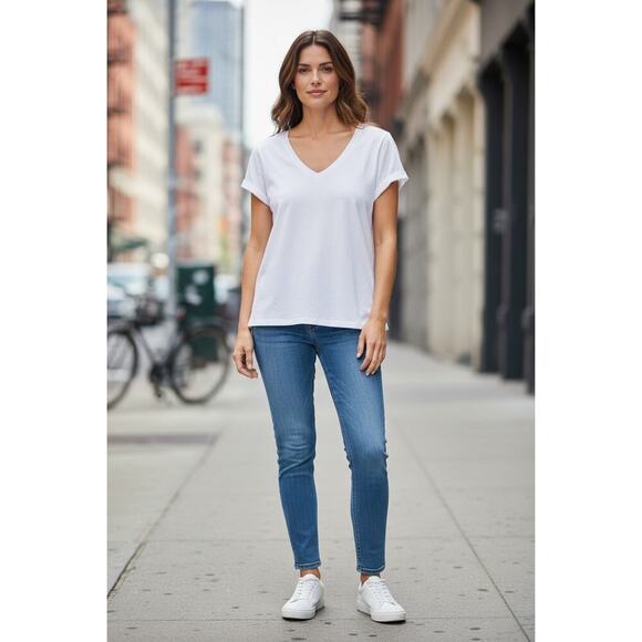 Max Studio Tops - *MAX STUDIO* Basic White T-Shirt V-Neck Cuff Sleeve Women's Size M